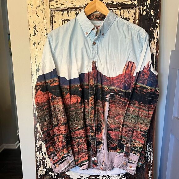 Staple Pigeon Brand Denim Shirt Mens Large Grand Canyon AOP Western Cowboy Work - Picture 1 of 11